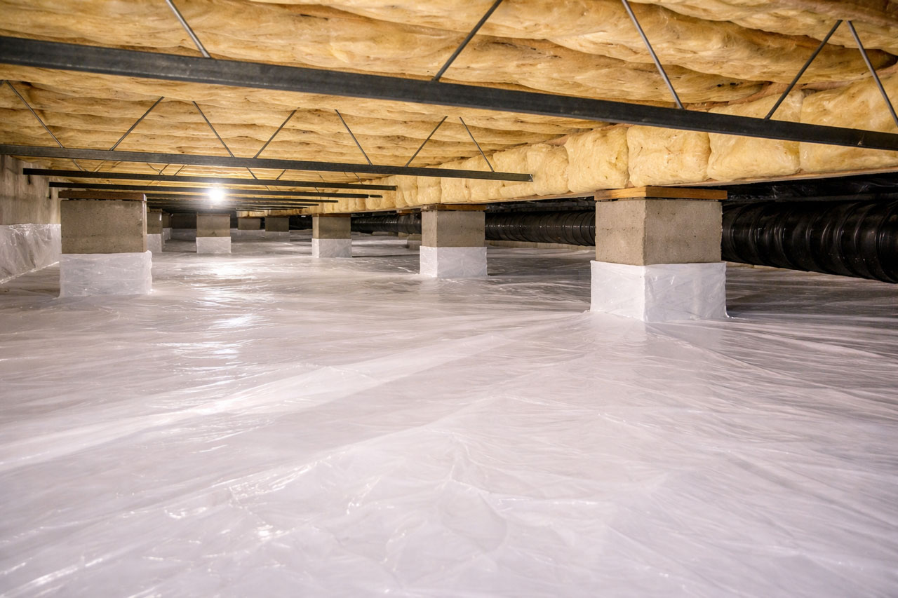 Under-home insulation in place above sheeting run across the crawl space floor