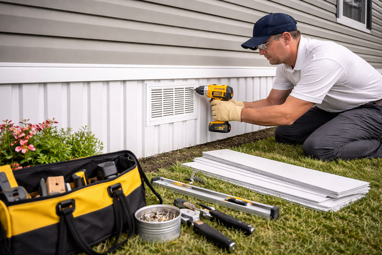 Installer fitting a vented skirting panel along the base of a home