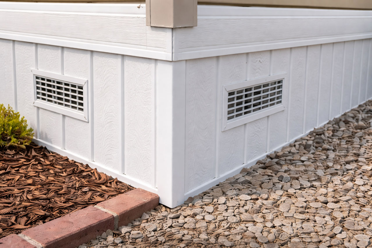 Finished skirting with a foundation vent at the corner of a home