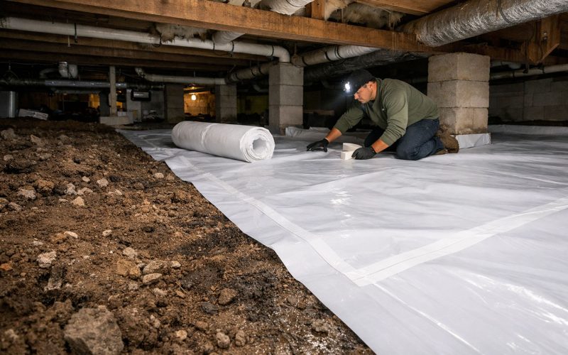 Technician laying a white ground moisture vapor barrier over damp soil under a Brevard County mobile home