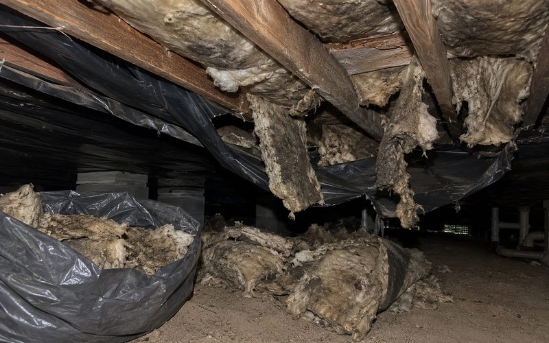 Water-stained under-home insulation hanging loose from the floor joists, with fallen sections being bagged for removal